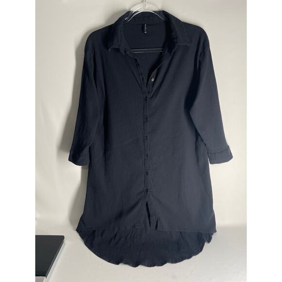 Raviya Black Button Down Gauzy Cotton Mini Shirt Dress Swim Cover Size Large - Picture 1 of 4